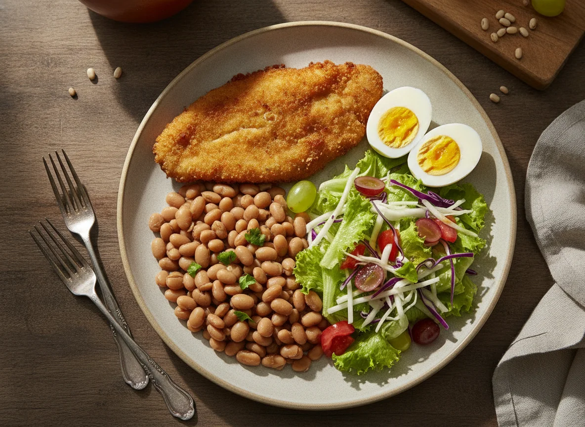 Peixe empanado com feijão, ovo e salada photo