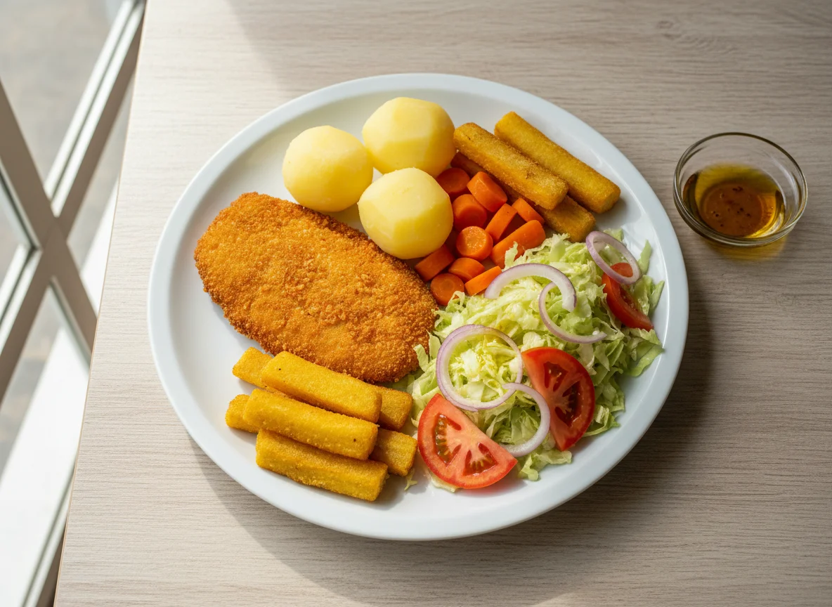 Peixe empanado com legumes e batata photo