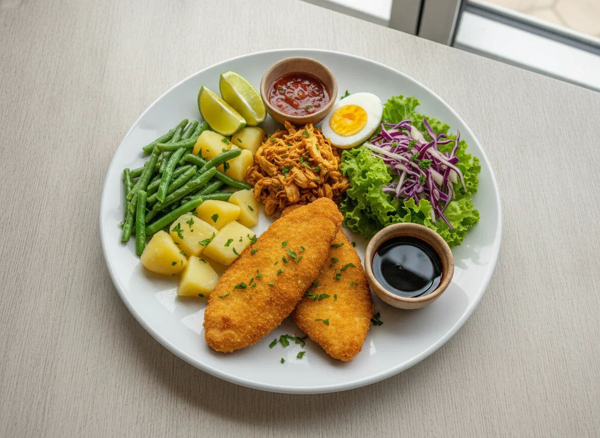 Peixe empanado com legumes e ovo photo