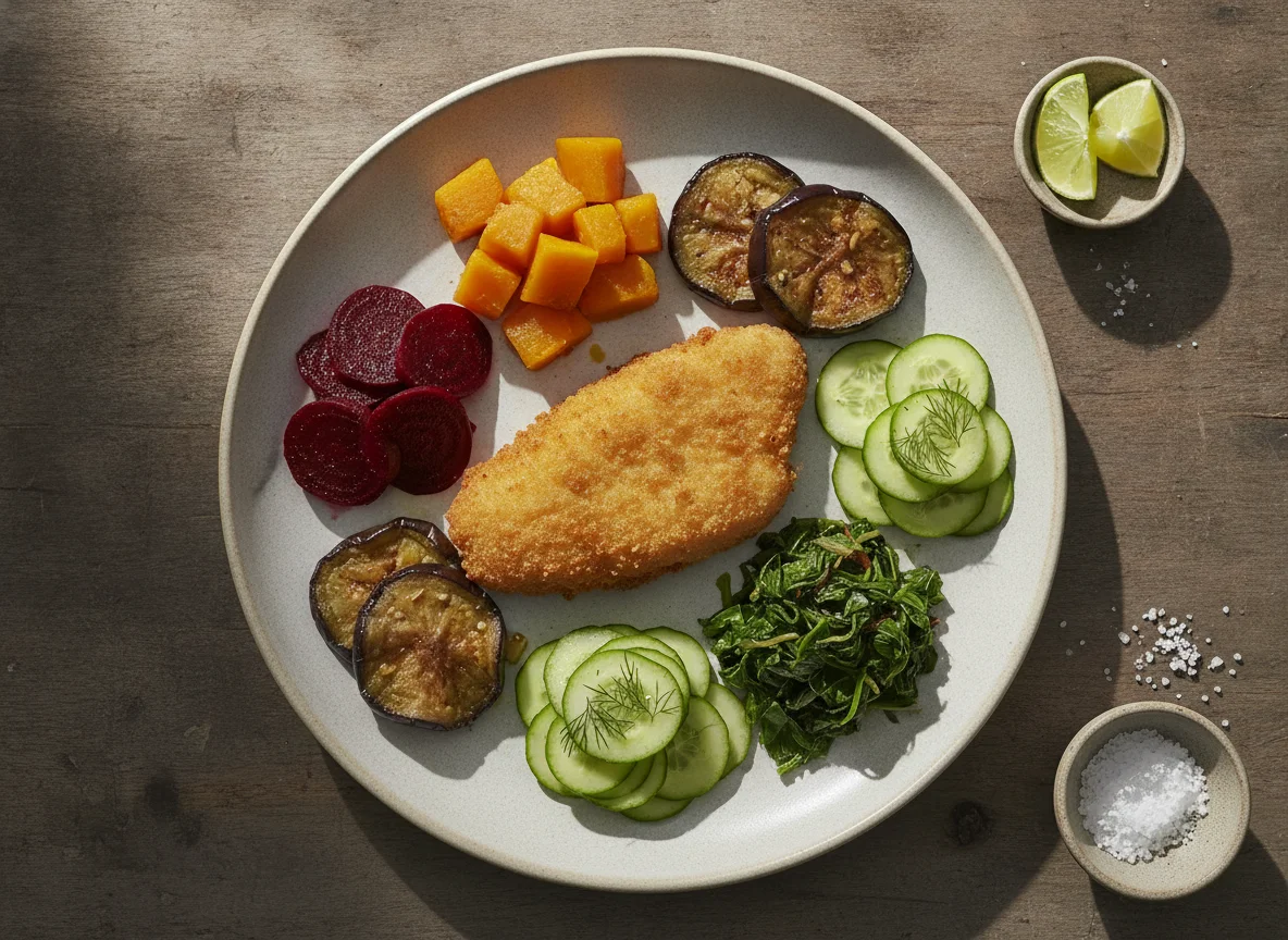 Peixe empanado com legumes variados photo