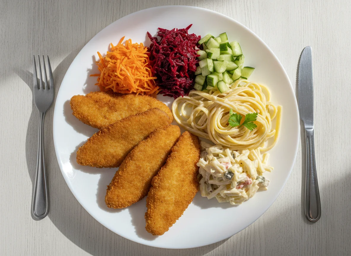 Peixe empanado com macarrão e salada photo