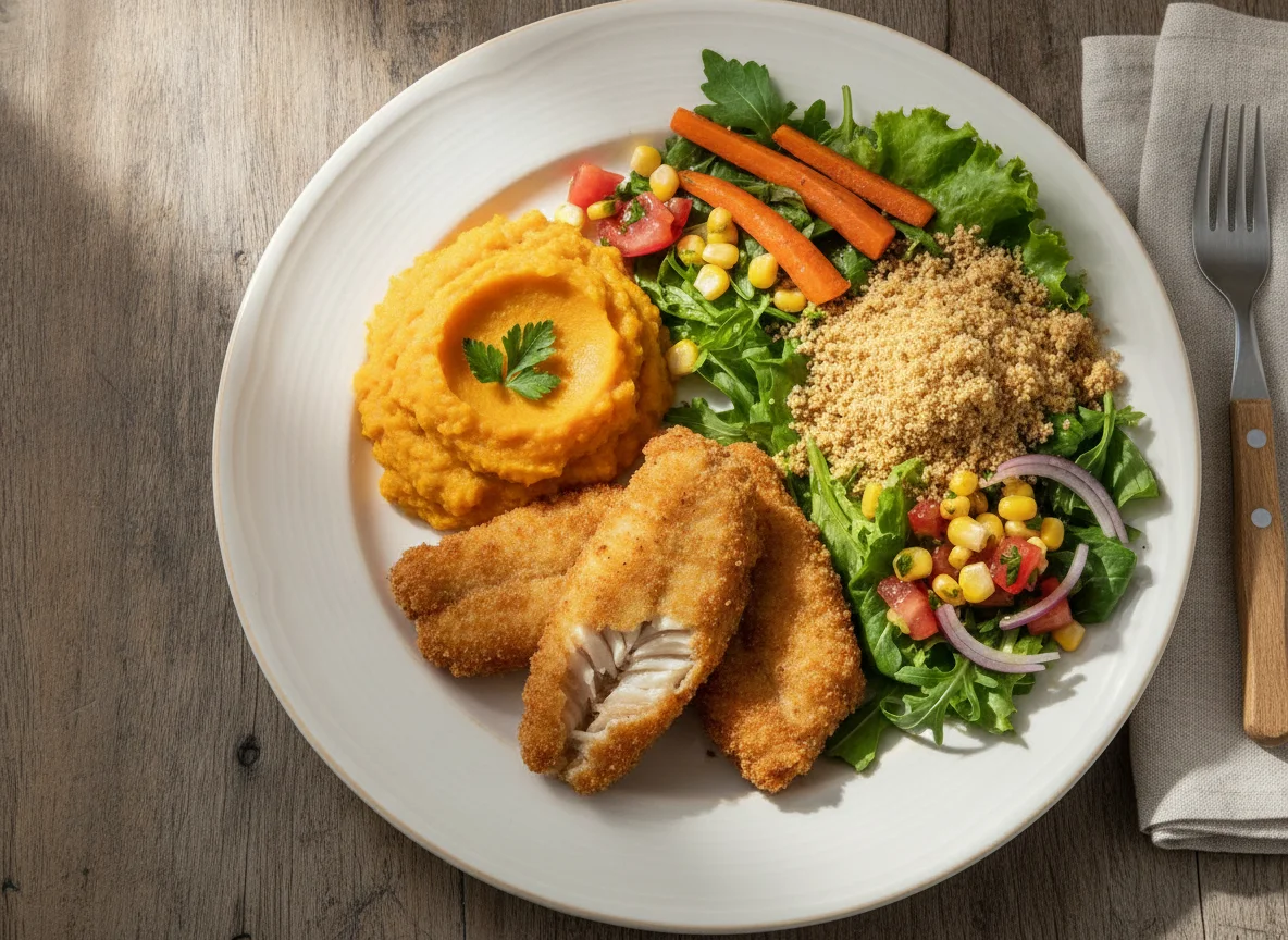 Peixe empanado com purê de abóbora e salada photo