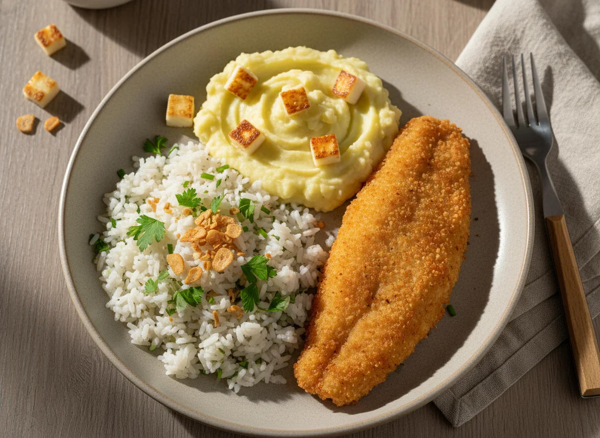 Peixe empanado com purê de batata e arroz com cheiro-verde photo