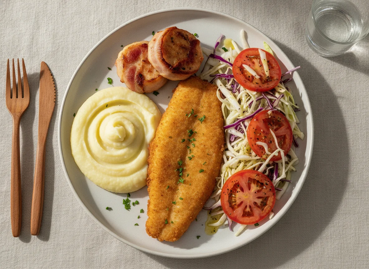 Peixe empanado com purê de batata e salada photo