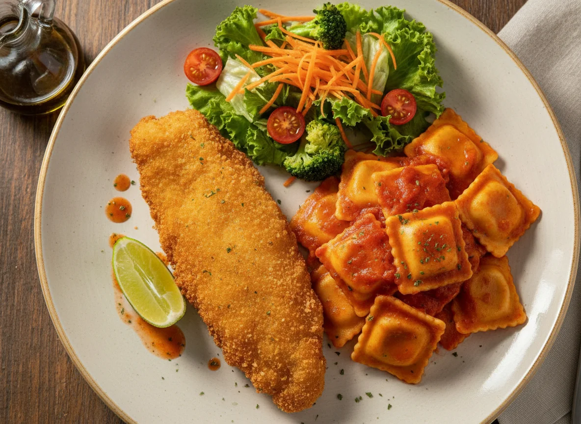 Peixe empanado com ravioli e salada mista photo