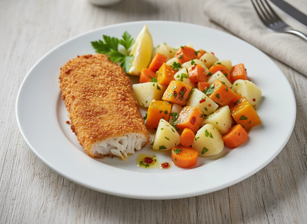 Peixe empanado com salada de legumes photo