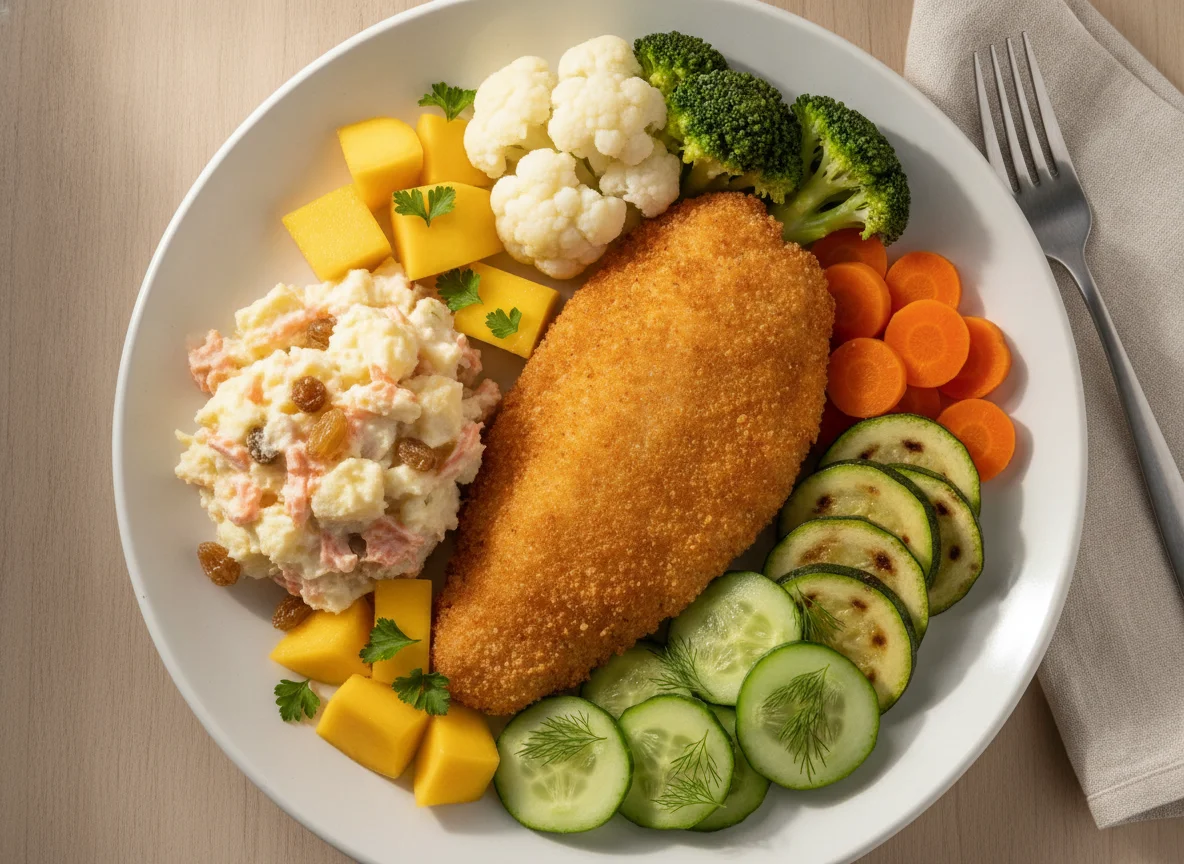Peixe empanado com salada de maionese e legumes photo