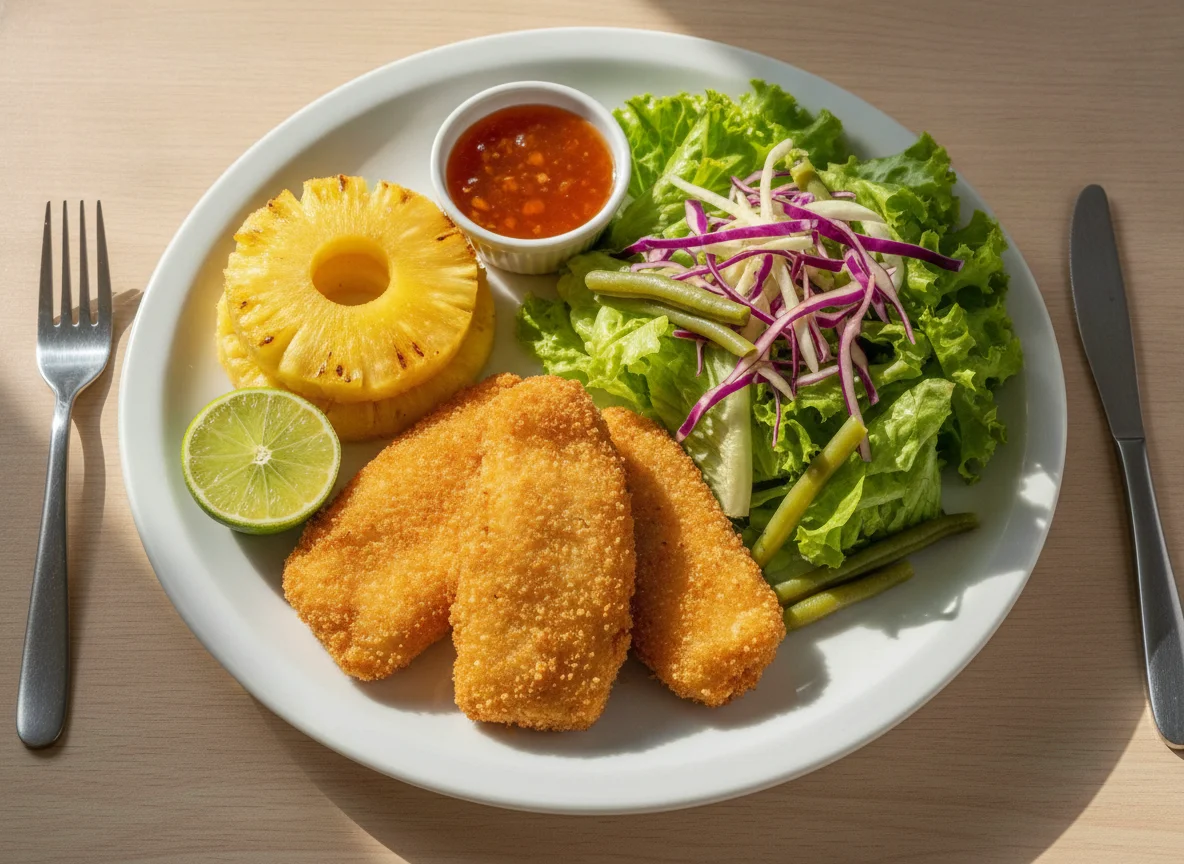 Peixe empanado com salada e abacaxi photo