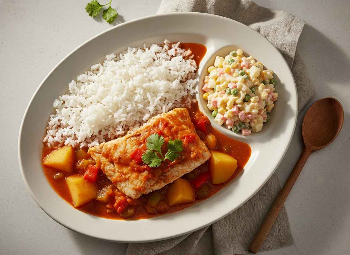 Peixe ensopado com arroz, batatas e salada de maionese photo
