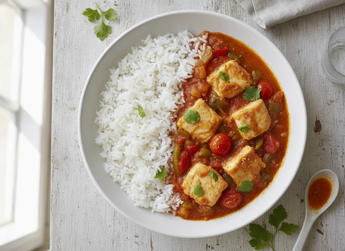 Peixe ensopado com arroz branco photo