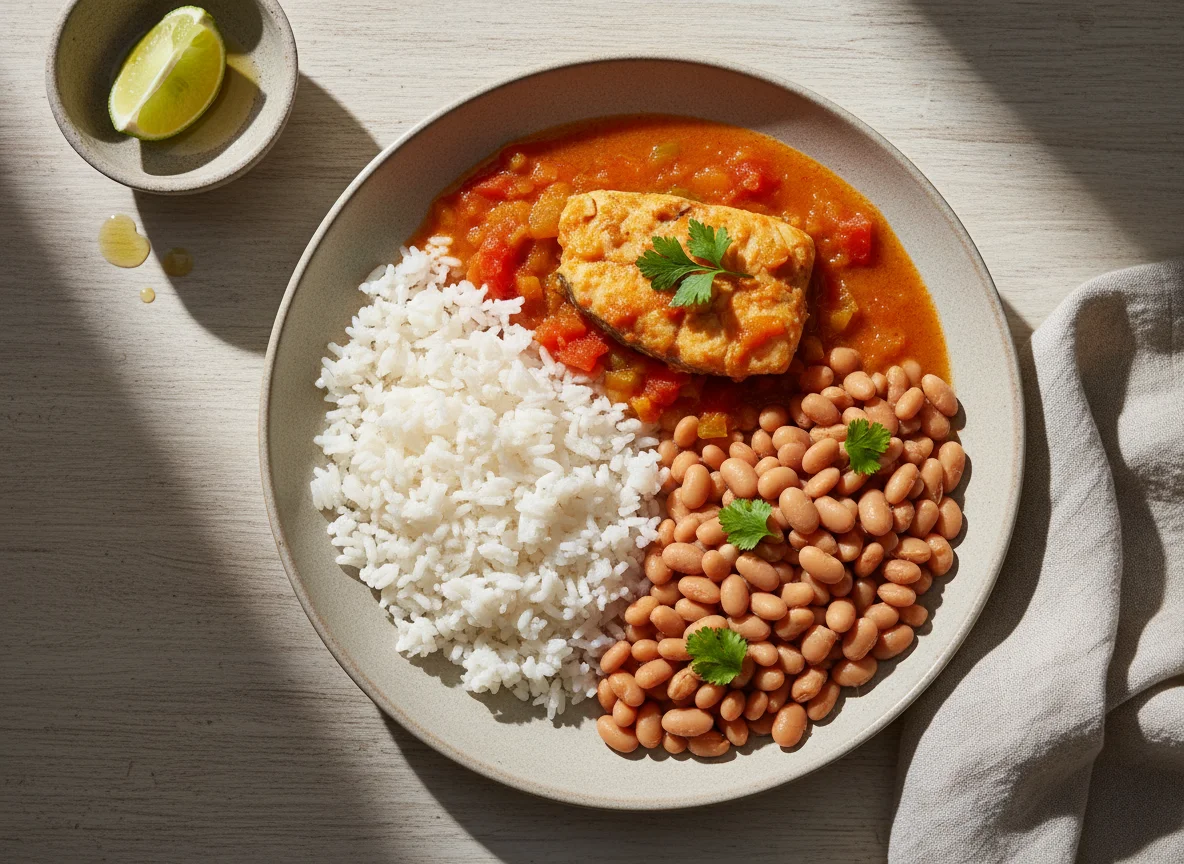 Peixe ensopado com arroz e feijão photo