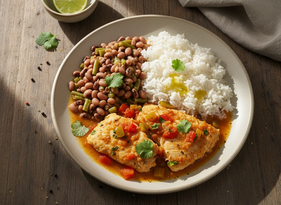 Peixe ensopado com arroz e feijão fradinho photo