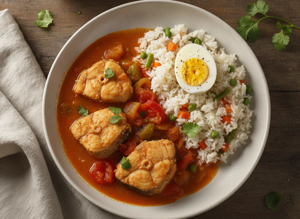 Peixe ensopado com arroz e ovo cozido photo