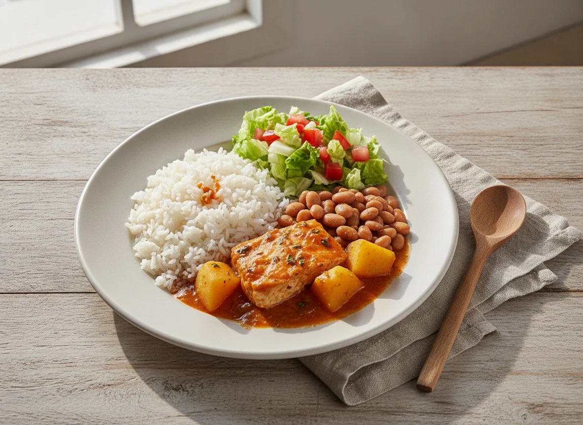 Peixe ensopado com arroz, feijão e salada photo