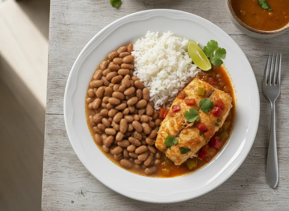 Peixe ensopado com feijão e arroz photo