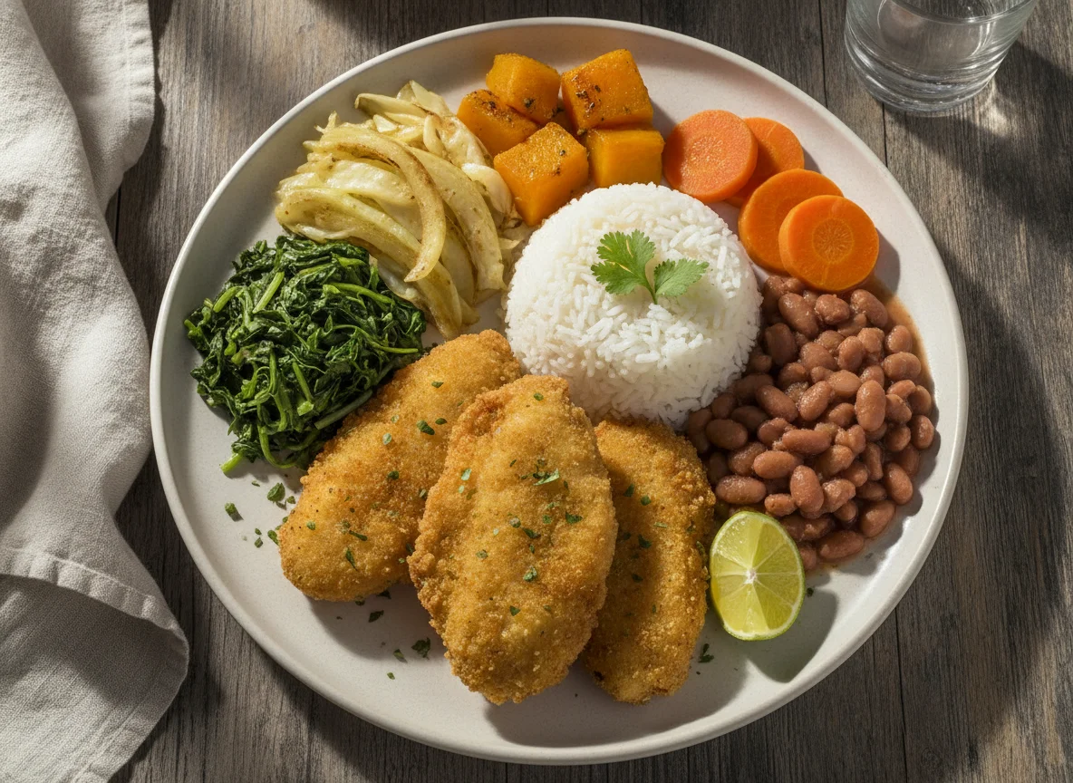 Peixe frito com abóbora, arroz, feijão e legumes photo