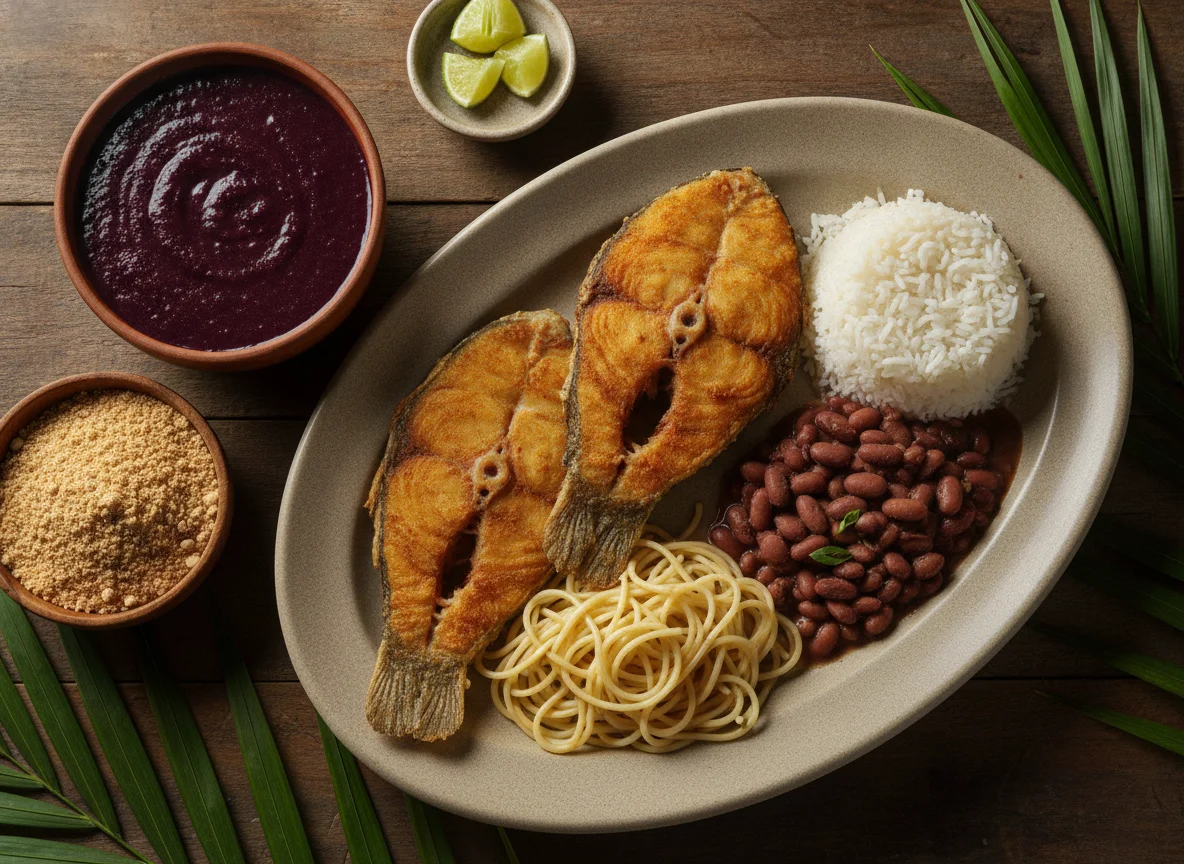 Peixe frito com açaí paraense e acompanhamentos photo