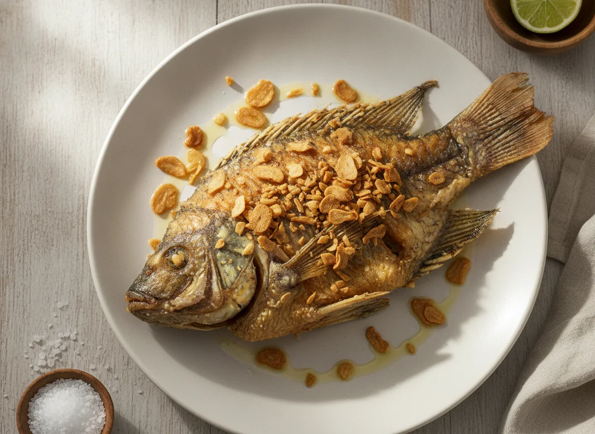 Peixe frito com alho photo