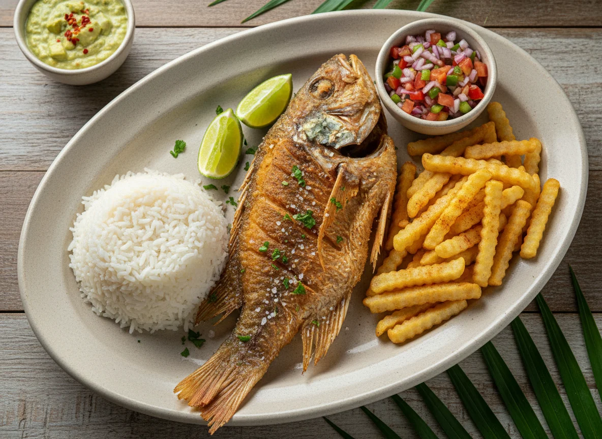 Peixe frito com arroz, batata frita, vinagrete e molho de abacate photo