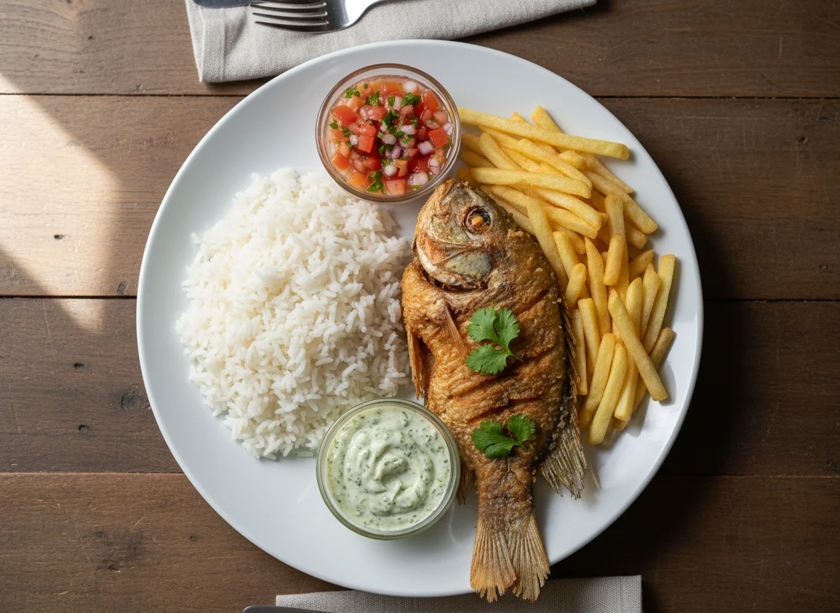 Peixe frito com arroz, batata frita, vinagrete e molho verde photo