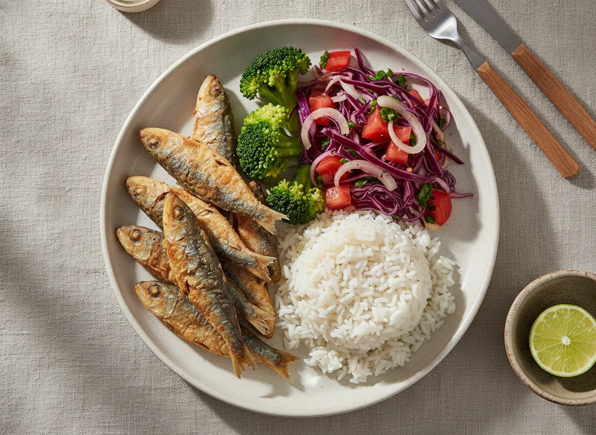 Peixe frito com arroz, brócolis e salada photo