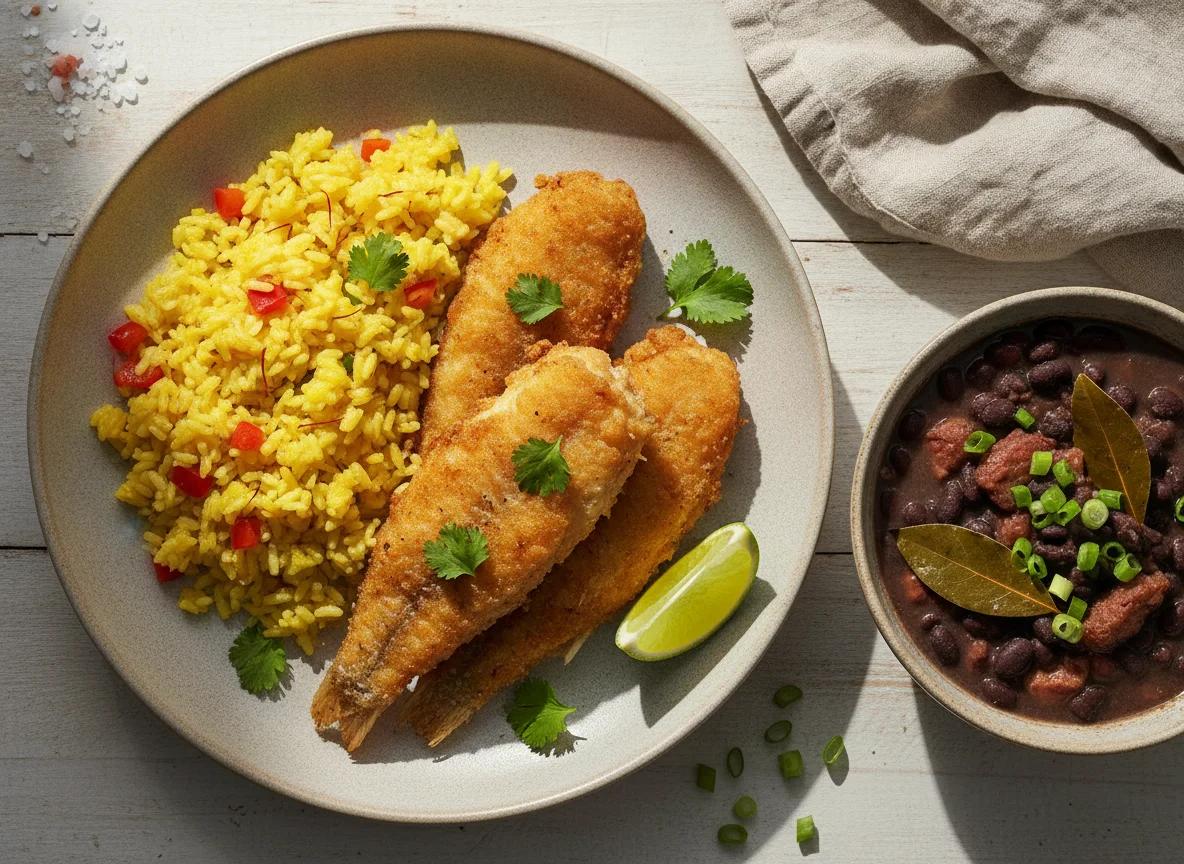 Peixe frito com arroz de açafrão e feijão photo