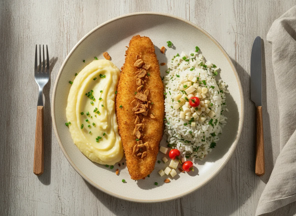 Peixe frito com arroz de ervas e purê de batata photo