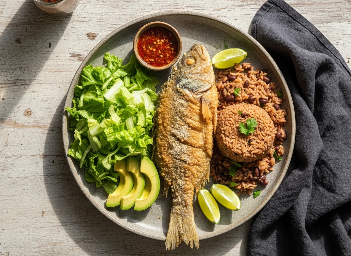 Peixe frito com arroz de feijão, salada e abacate photo