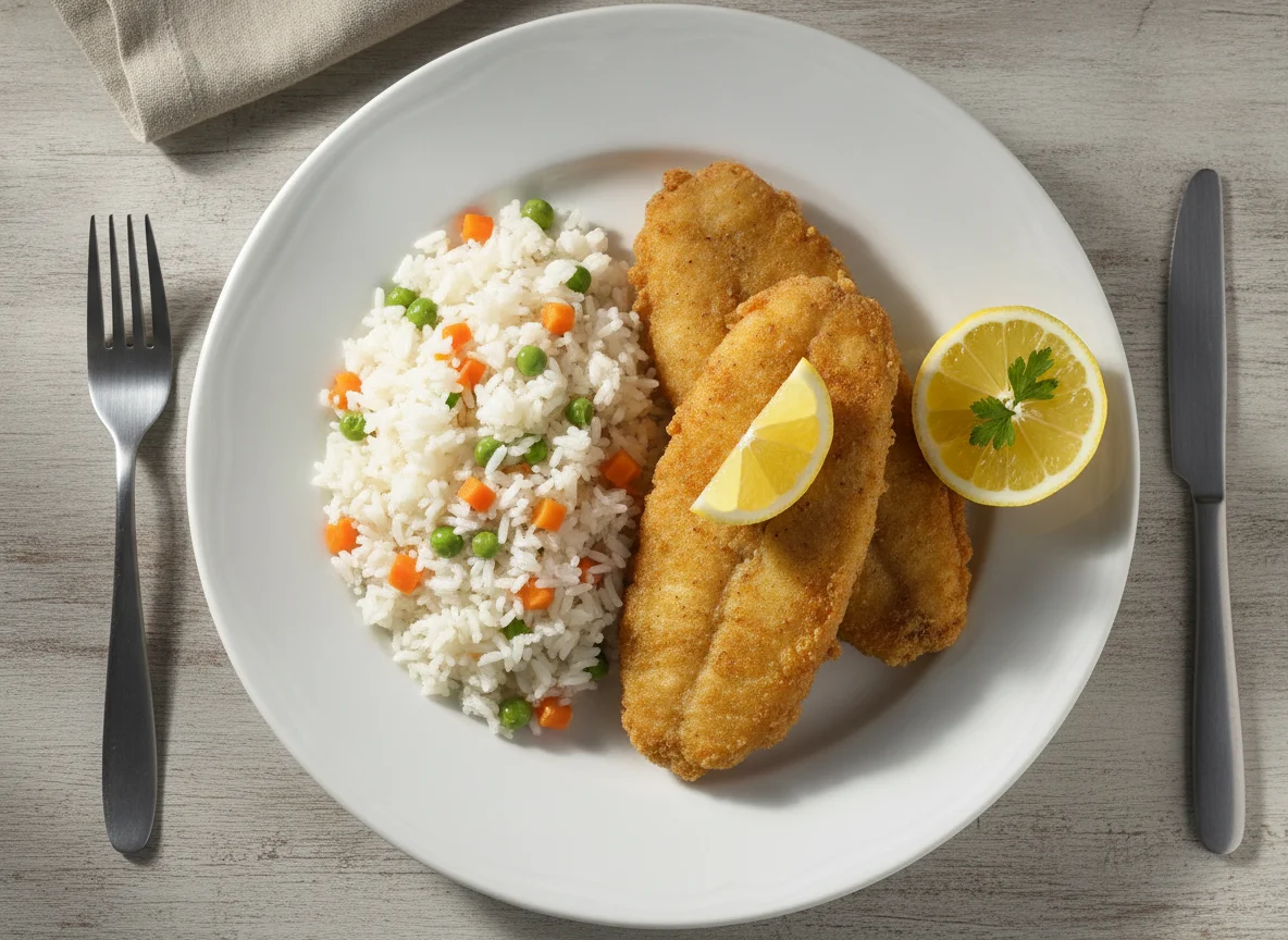 Peixe frito com arroz de legumes e limão photo