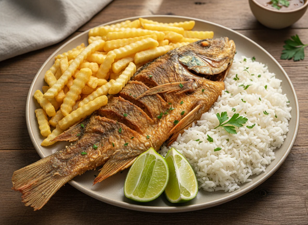 Peixe frito com arroz e batata frita photo