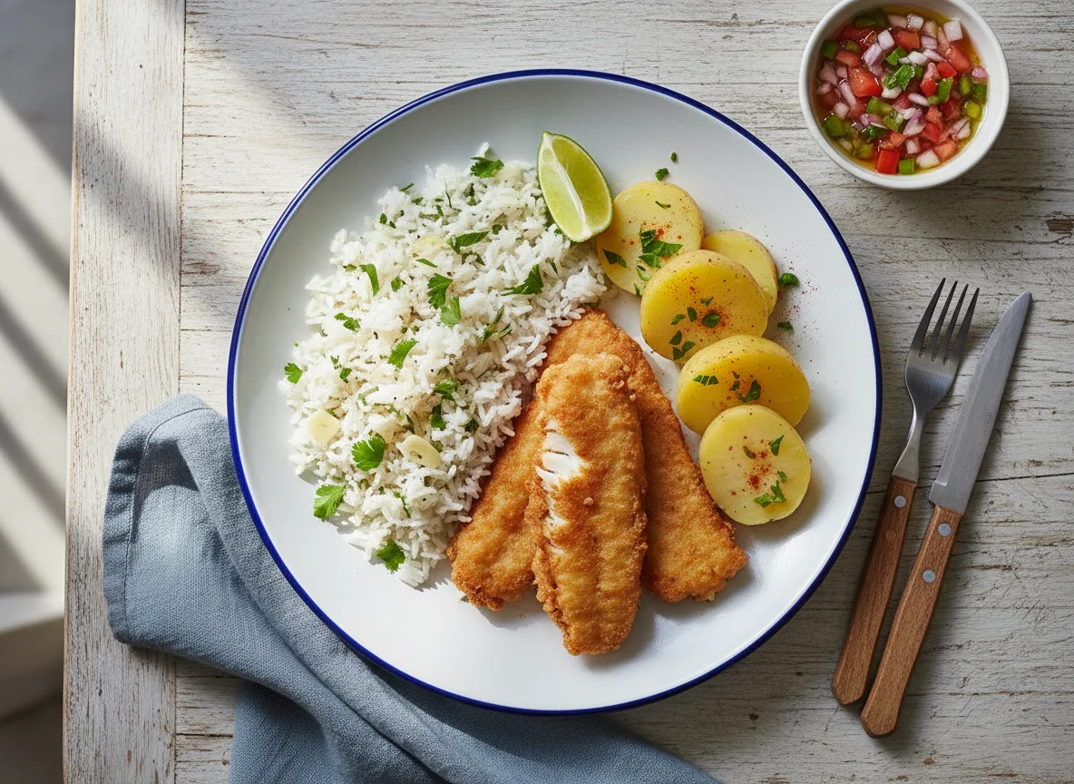 Peixe frito com arroz e batatas photo