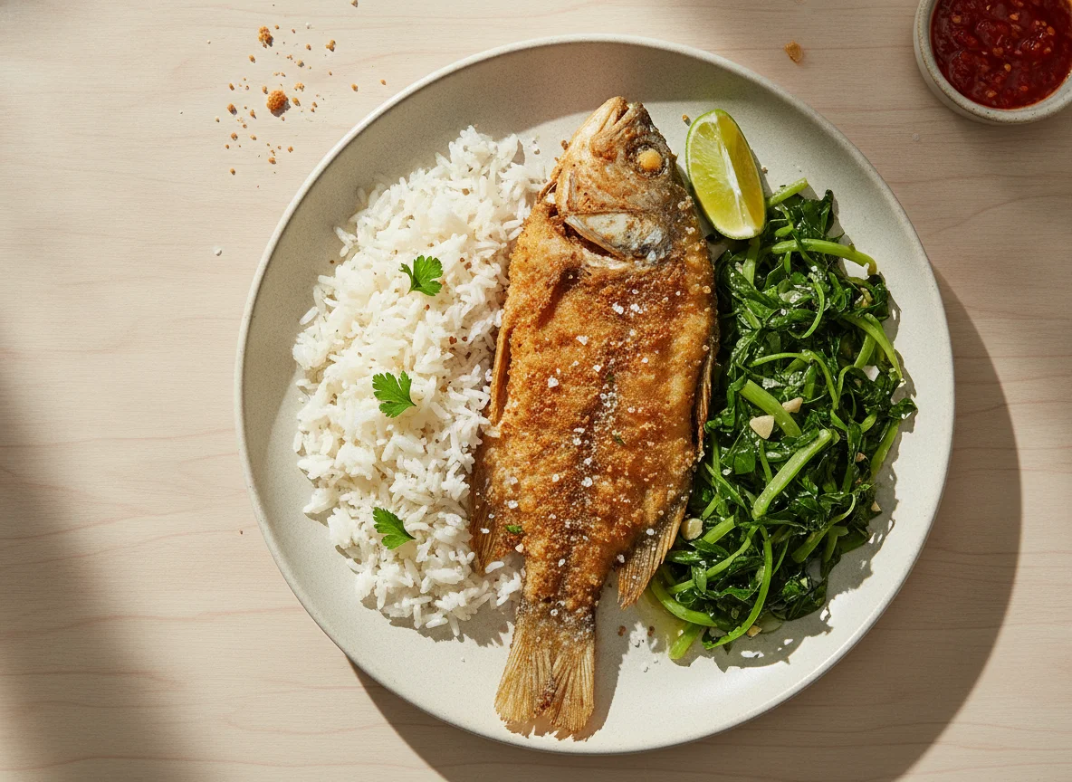 Peixe frito com arroz e couve estufada photo