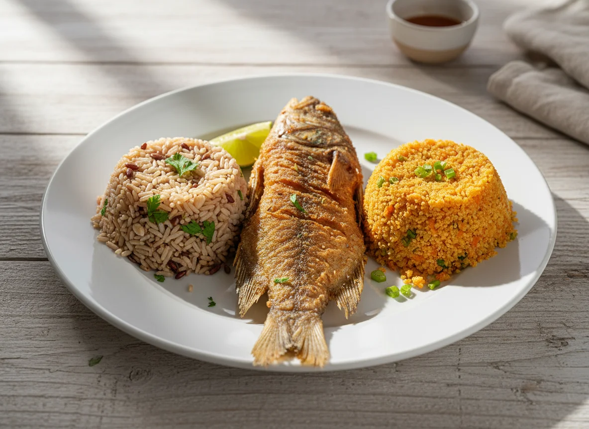 Peixe frito com arroz e farofa photo