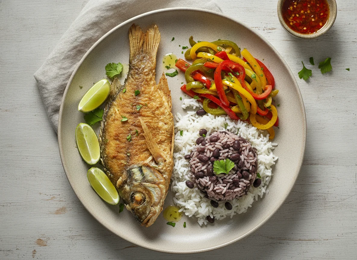 Peixe frito com arroz e feijão e pimentos salteados photo