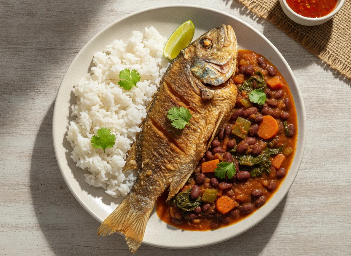 Peixe frito com arroz e feijão guisado photo