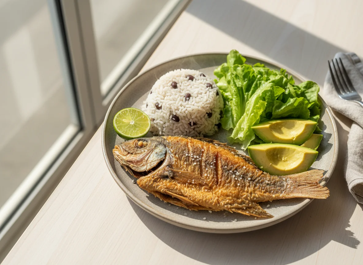 Peixe frito com arroz e feijão, salada e abacate photo