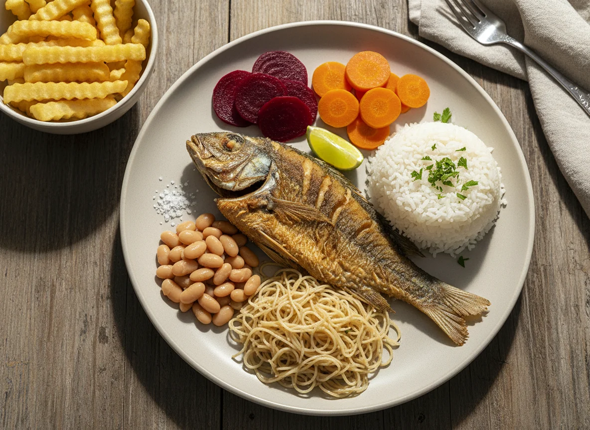 Peixe frito com arroz e legumes photo