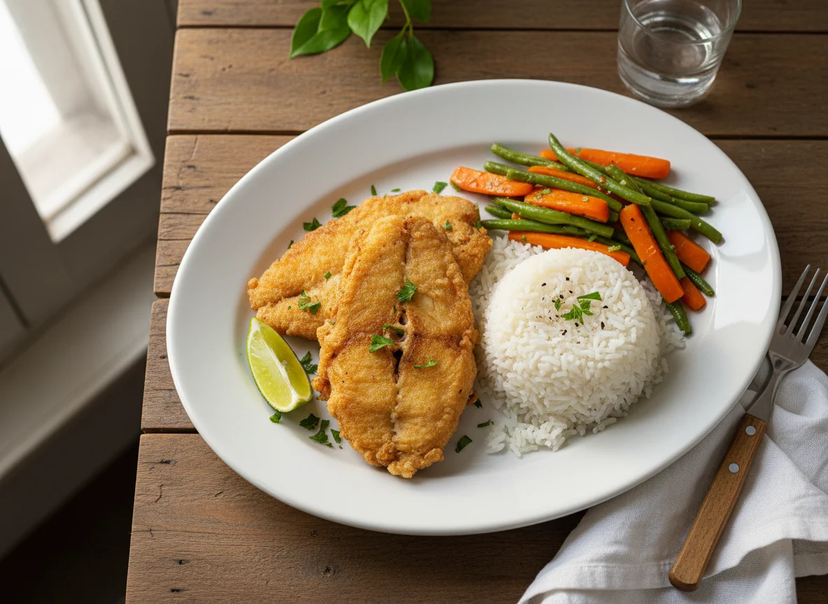 Peixe frito com arroz e legumes salteados photo