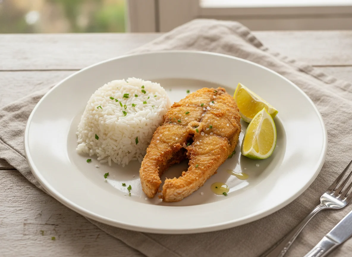 Peixe frito com arroz e limão photo
