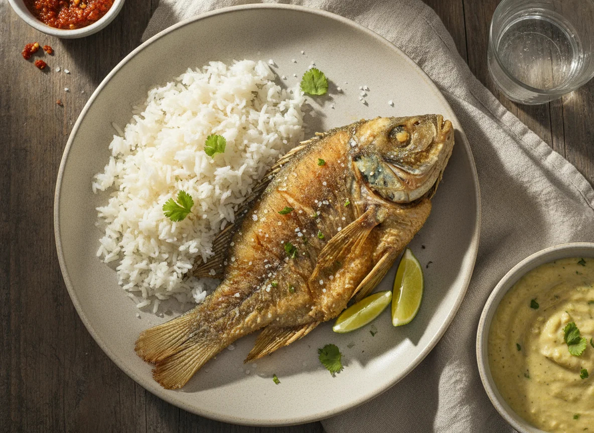 Peixe frito com arroz e pirão photo
