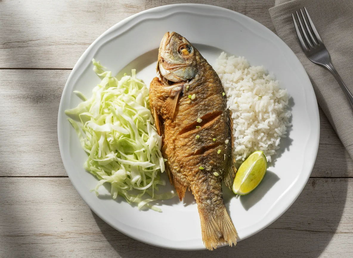 Peixe frito com arroz e repolho photo
