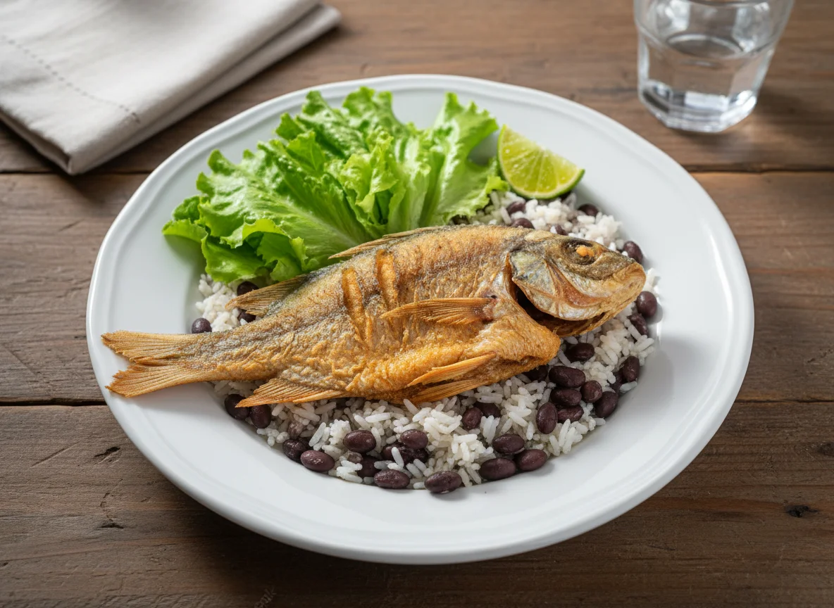 Peixe frito com arroz e salada photo