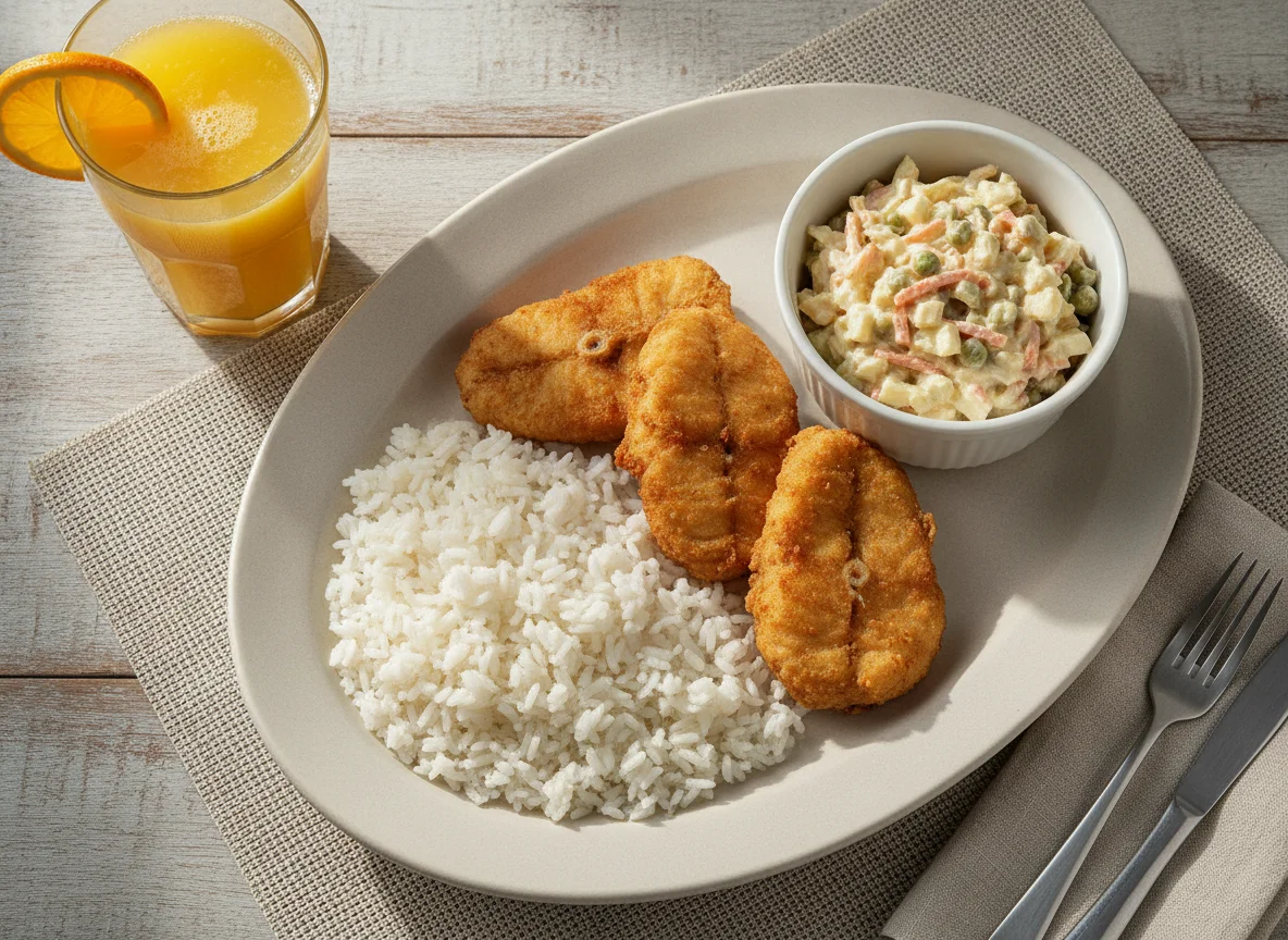 Peixe frito com arroz e salada de maionese photo