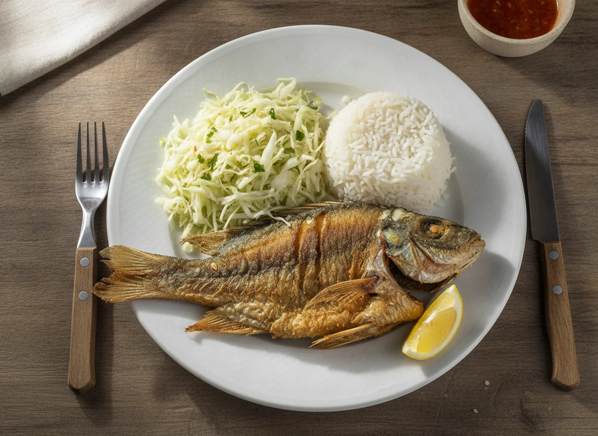 Peixe frito com arroz e salada de repolho photo