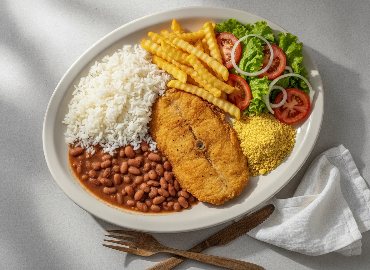 Peixe frito com arroz, feijão, batata frita e salada photo