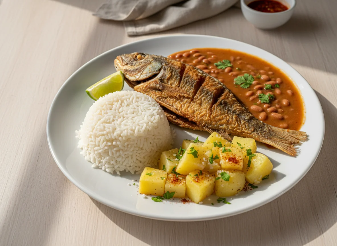 Peixe frito com arroz, feijão e batatas photo