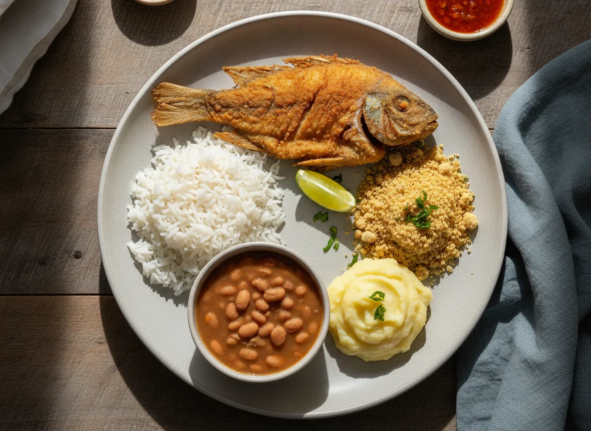 Peixe frito com arroz, feijão e farofa photo