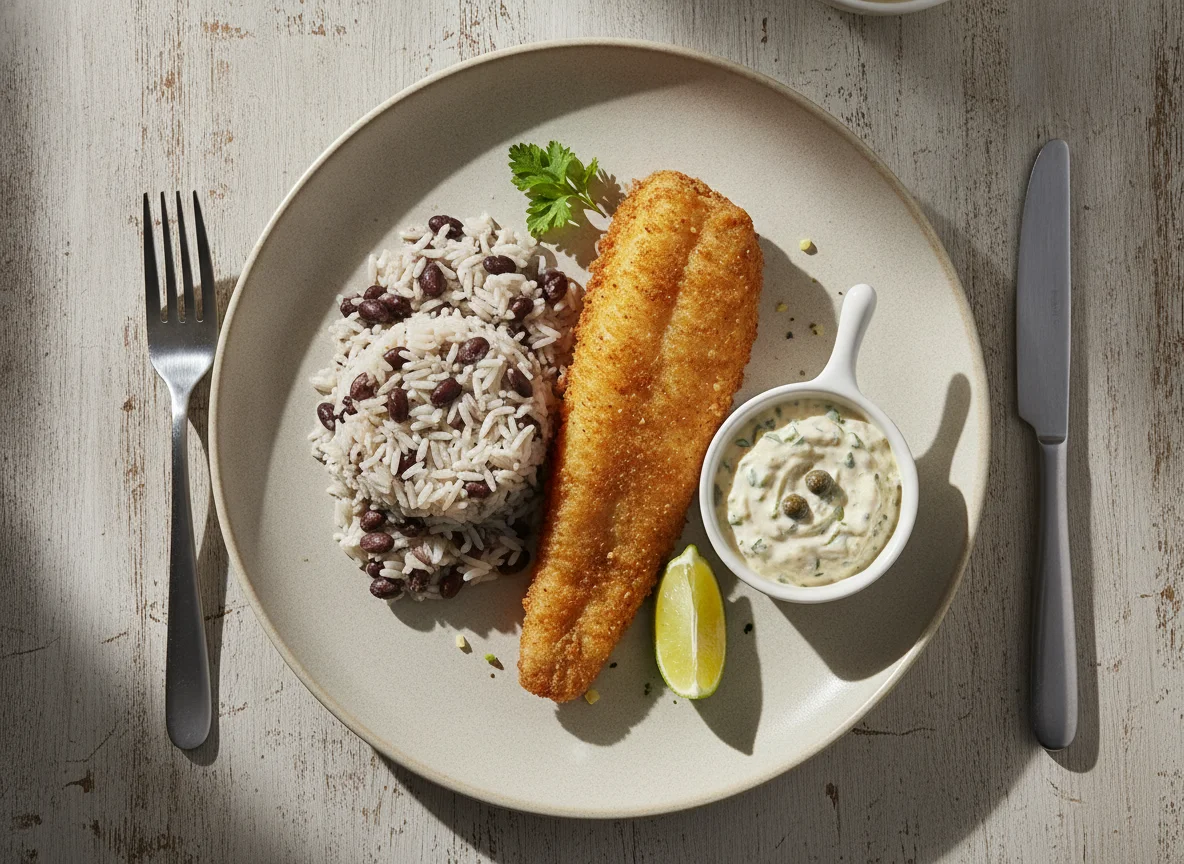 Peixe frito com arroz, feijão e molho tártaro photo
