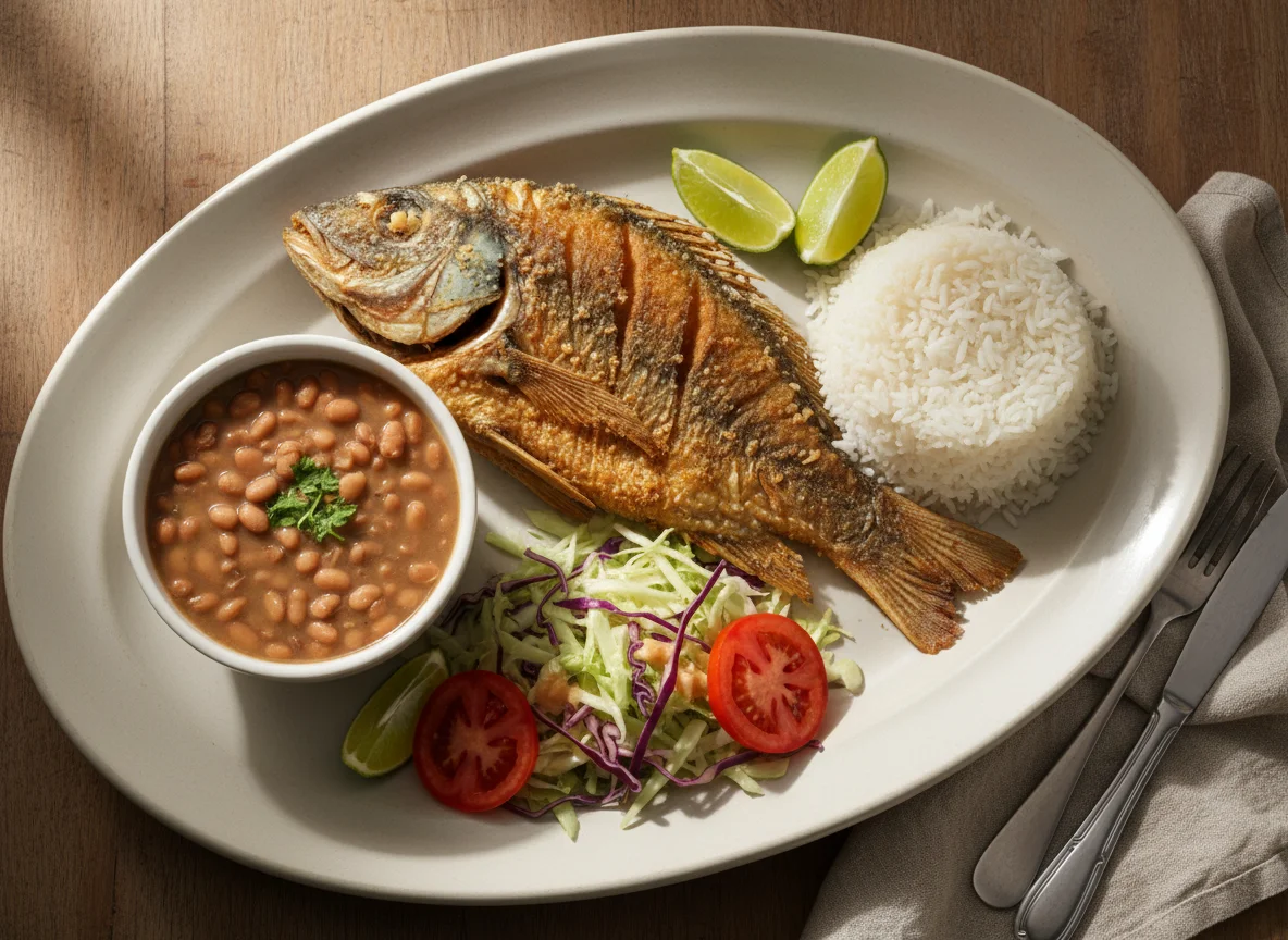 Peixe frito com arroz, feijão e salada photo