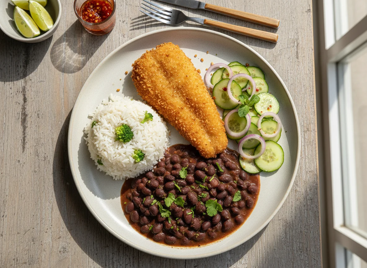 Peixe frito com arroz, feijão e salada de pepino photo